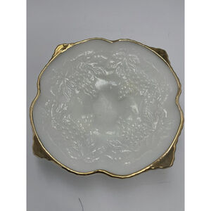 Anchor Hocking Grape Leaves Milk Glass Pedestal Square Fruit Bowl Gold Trim